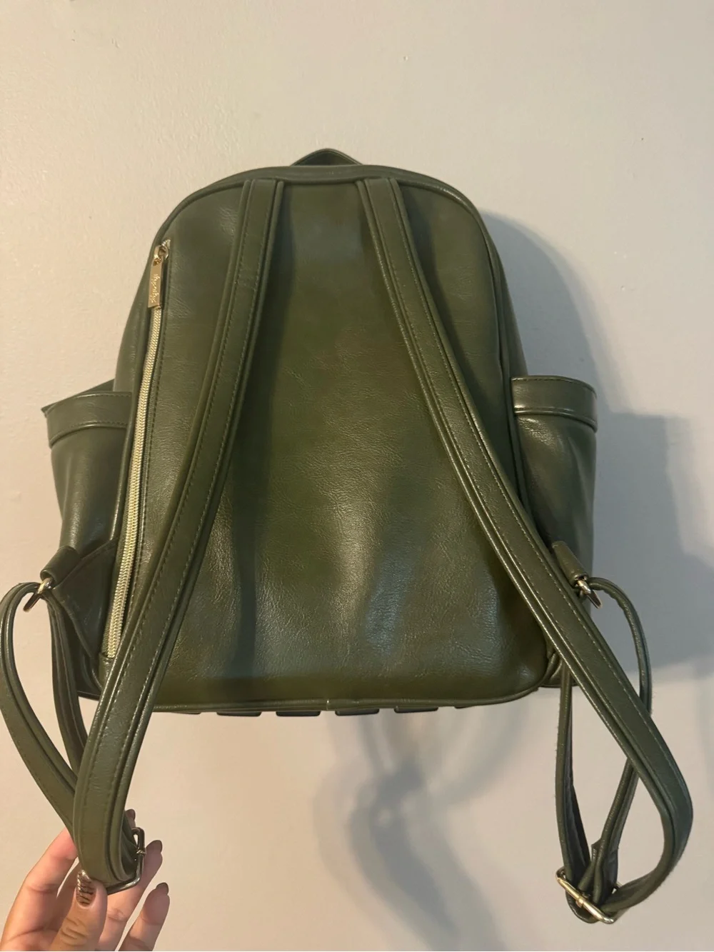 Itzy Ritzy Olive Faux-Leather Backpack with Gold Hardware